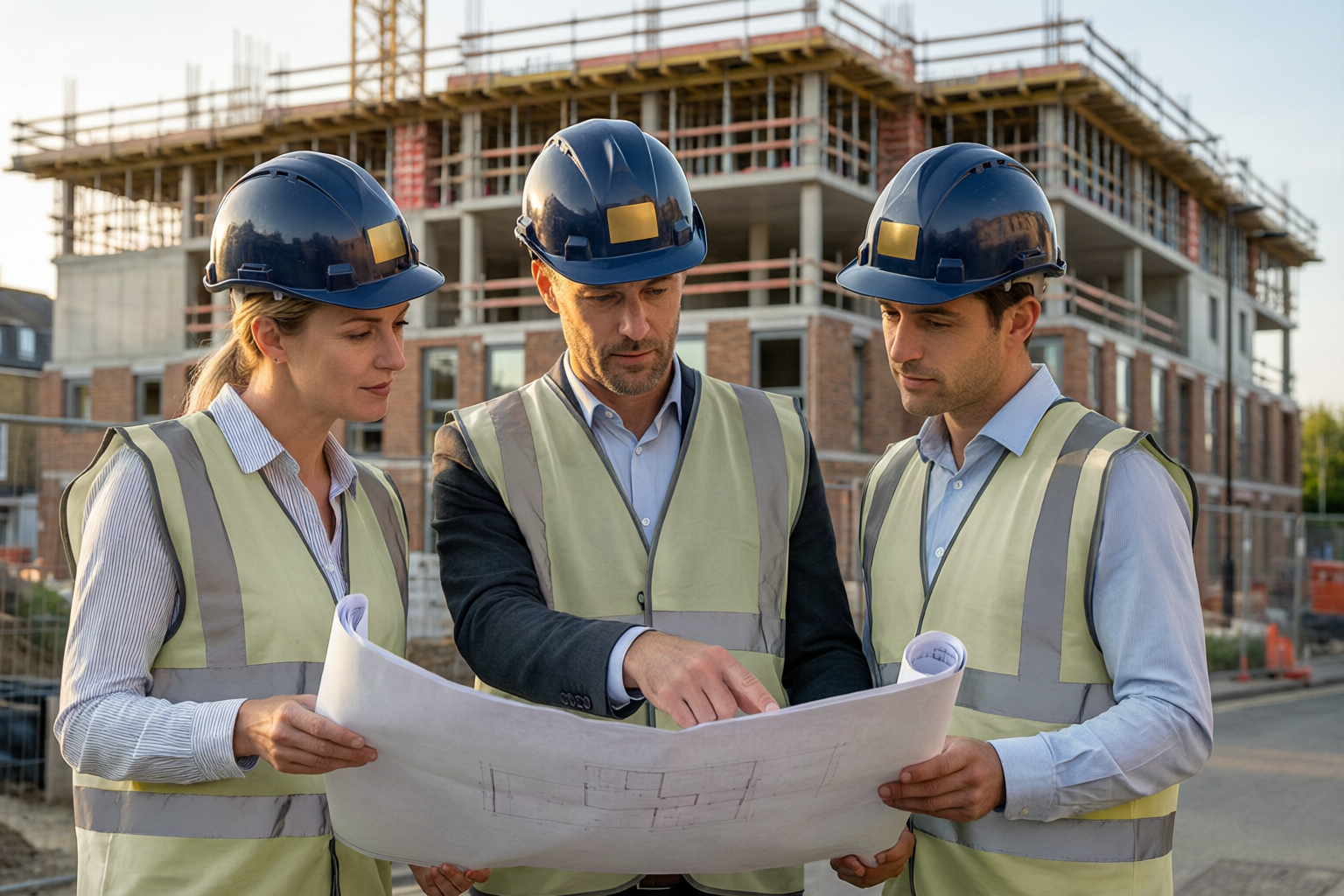 Construction professionals reviewing architectural plans on site